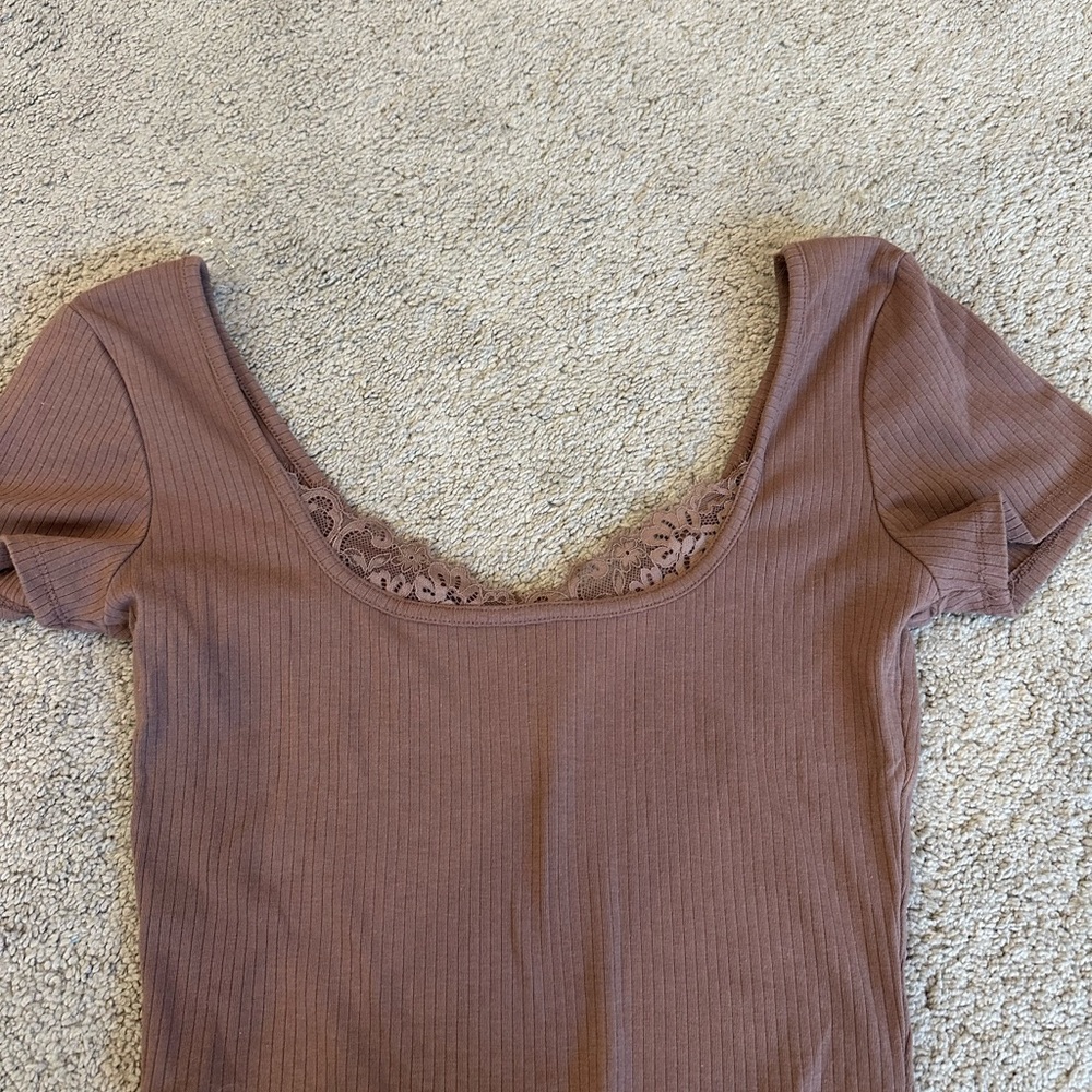 Women's - Bozzolo Size L - Brown Lace Trim Top
